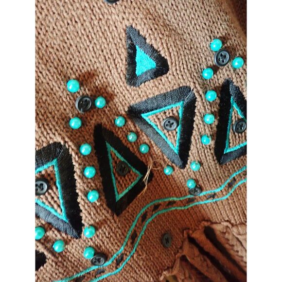 Bob Mackie Wearable Art Brown Full-Zip Sweater Beaded Turquoise Fringe Medium - Picture 7 of 10